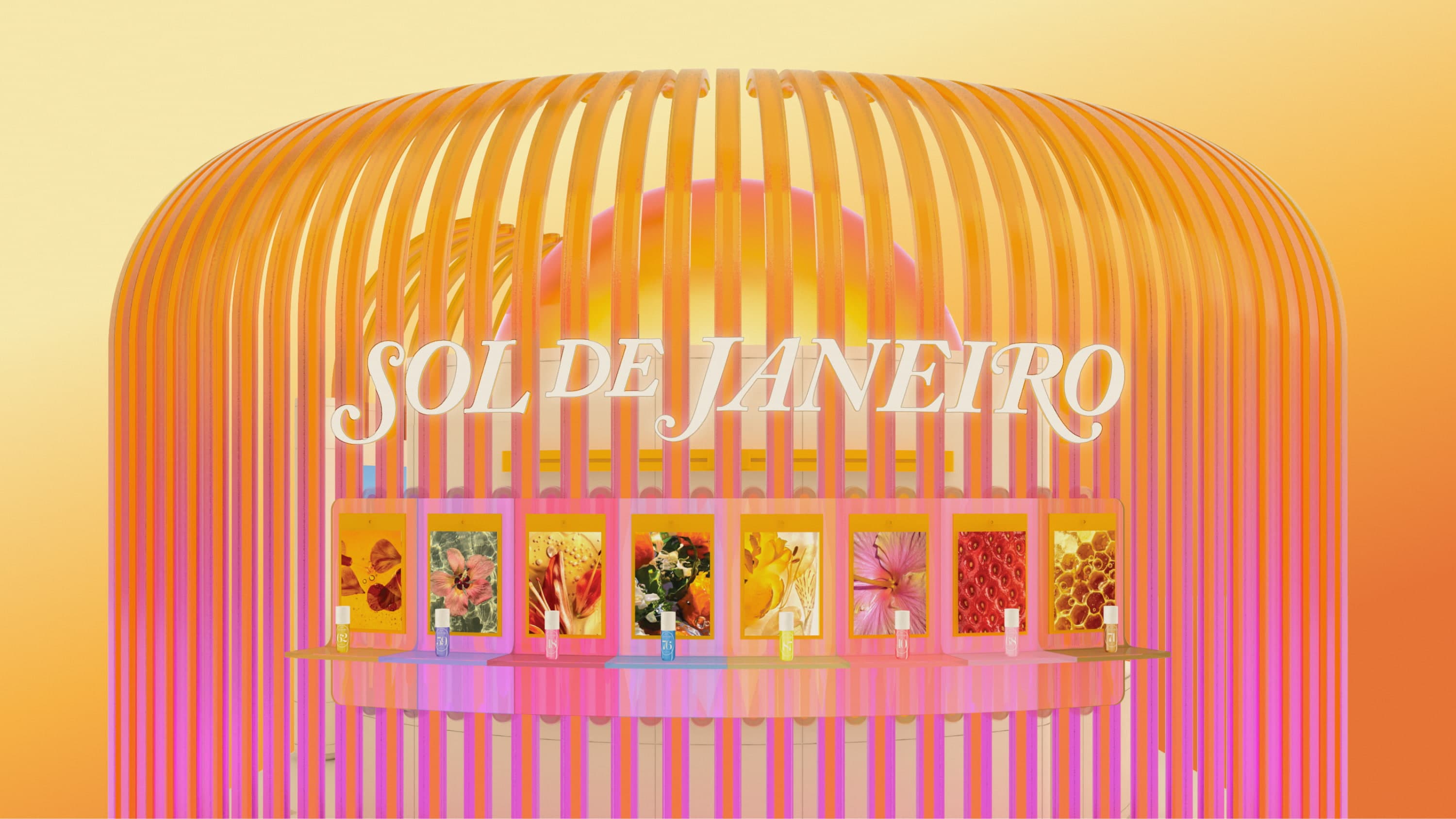 Sol de Janeiro popup store with colourful glass and display for fragrances over a gradient from yellow to orange background.