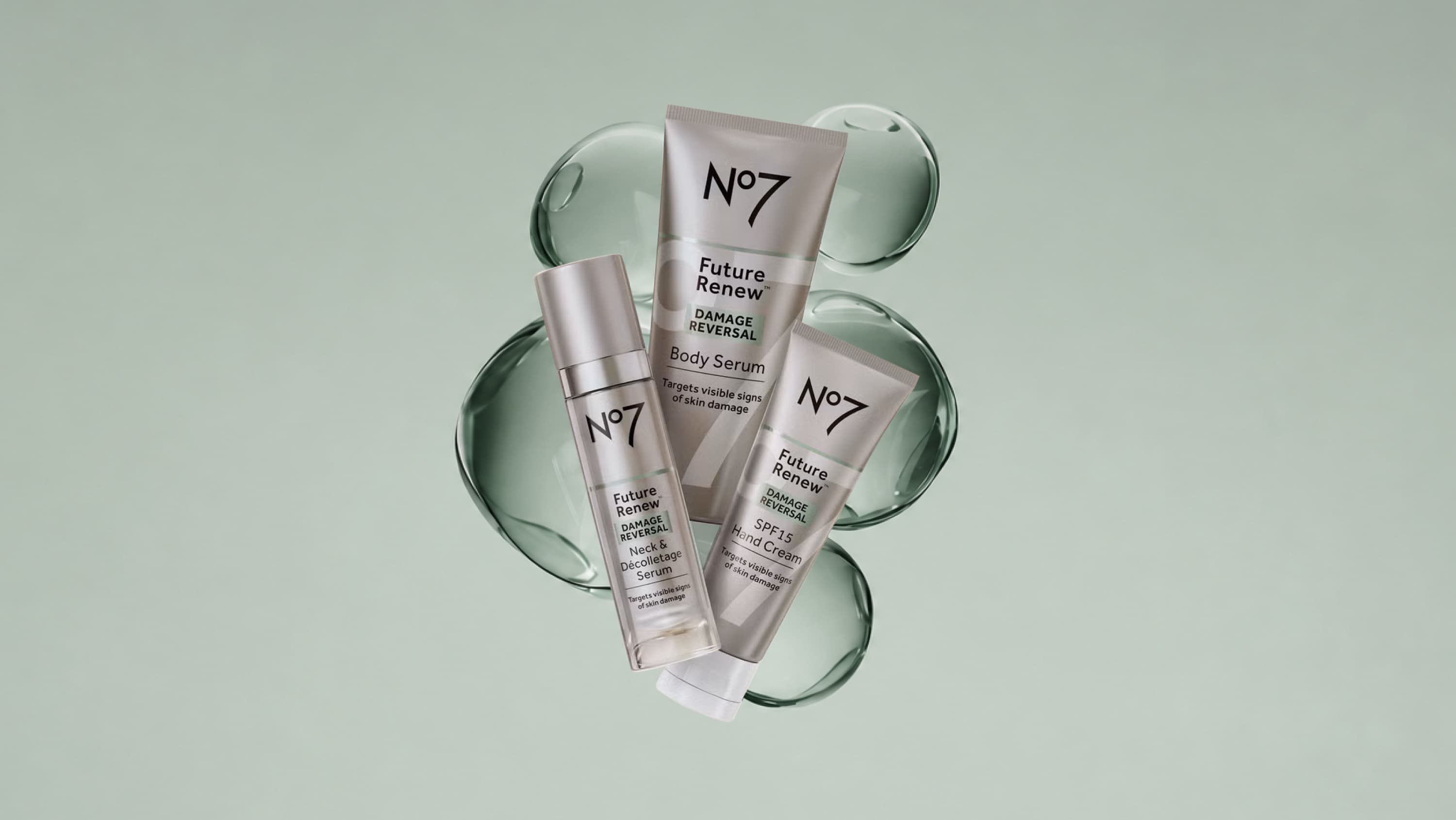 Three products from Numero 7 Future Renew over a sage green background